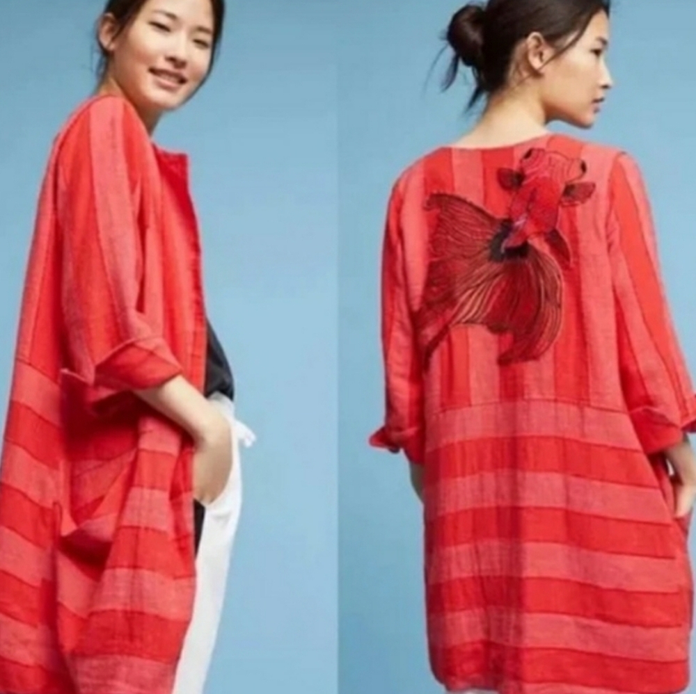 Eva Franco Red Striped Car Coat with Embroidered Design
